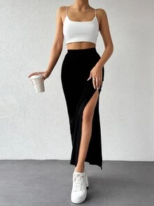 EURMUSE Women Solid Color Slit Detailed Tube Skirt - Black - View 4
