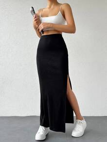 EURMUSE Women Solid Color Slit Detailed Tube Skirt - Black - View 6