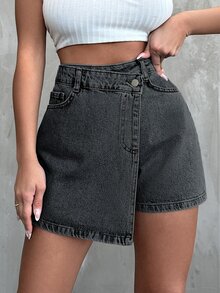SHEIN Cottnline High Waist Wrap Denim Skort For Summer - Grey - View 5