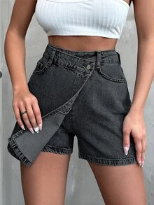 SHEIN Cottnline High Waist Wrap Denim Skort For Summer - Grey - View 4