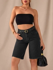 SHEIN Cottnline شورت جينز أسود بخصر منخفض وطول متوسط للمرأة بأزرار أمامية، طراز كاجوال - أزرق داكن - مشاهدة 6
