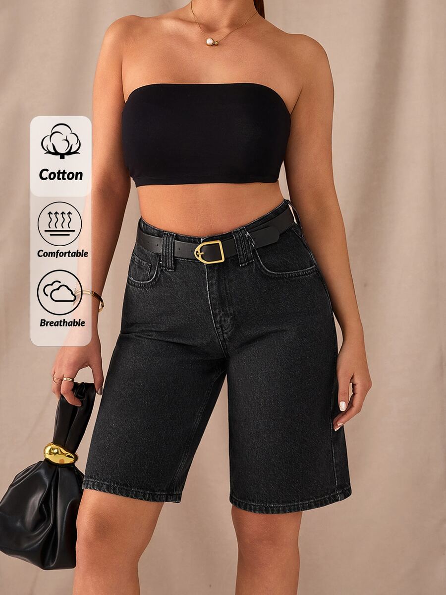 SHEIN Cottnline شورت جينز أسود بخصر منخفض وطول متوسط للمرأة بأزرار أمامية، طراز كاجوال