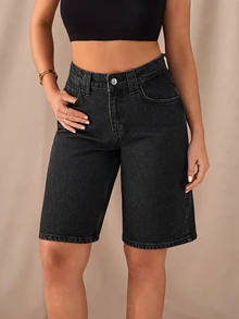 SHEIN Cottnline شورت جينز أسود بخصر منخفض وطول متوسط للمرأة بأزرار أمامية، طراز كاجوال - أزرق داكن - مشاهدة 4