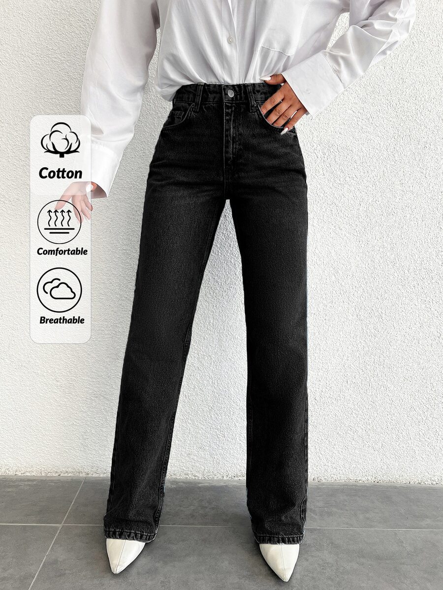 EURMUSE Women's Straight Leg Jeans With Diagonal Pockets - Black - View 1