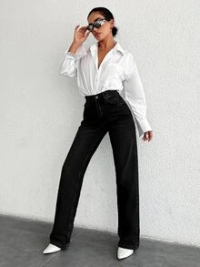 EURMUSE Women's Straight Leg Jeans With Diagonal Pockets - Black - View 6