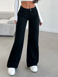 cottnline Casual Black Straight Leg Jeans - Black - View 5
