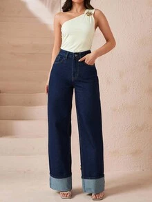SHEIN Cottnline Plus Size Women High Waist Pockets Wide Leg Loose Casual Jeans - Dark Wash - View 6