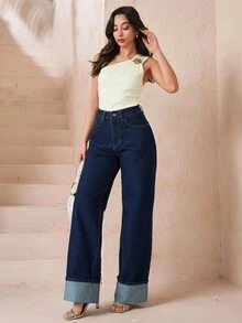 SHEIN Cottnline Plus Size Women High Waist Pockets Wide Leg Loose Casual Jeans - Dark Wash - View 3