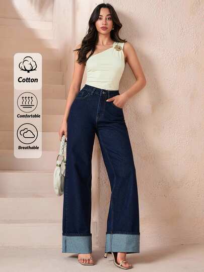 EURMUSE Plus Size Women High Waist Pockets Wide Leg Loose Casual Jeans