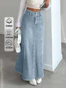 EURMUSE Women's Fashionable Washed Maxi Denim Skirt - Baby Blue - View 1