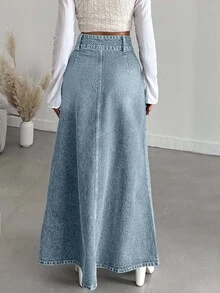 EURMUSE Women's Fashionable Washed Maxi Denim Skirt - Baby Blue - View 2