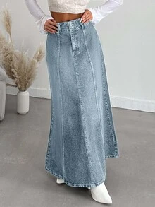 EURMUSE Women's Fashionable Washed Maxi Denim Skirt - Baby Blue - View 4