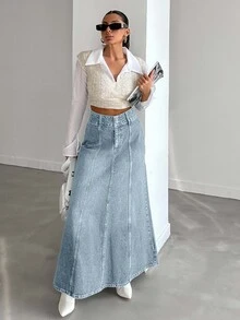 EURMUSE Women's Fashionable Washed Maxi Denim Skirt - Baby Blue - View 5