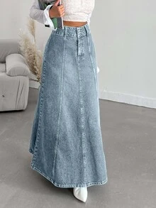 EURMUSE Women's Fashionable Washed Maxi Denim Skirt - Baby Blue - View 6