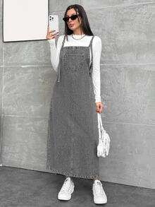 EURMUSE WOMEN LONG DENIM DRESS POCKET DETAILED - Grey - View 5