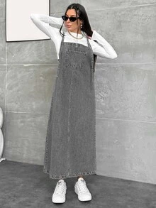 EURMUSE WOMEN LONG DENIM DRESS POCKET DETAILED - Grey - View 3