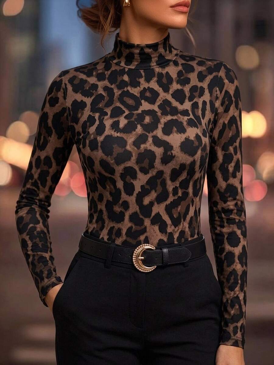 SHEIN Clasi 女款豹紋修身百搭日常休閒長袖T恤 - 彩色 - 查看 1