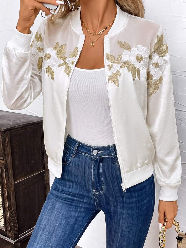 Editum Women's Floral Embroidered Pattern Baseball Collar Zipper Casual Daily Date Long Sleeve Elegant Jacket Autumn Brocade Car Coat High Tea Cafe White - White - View 4