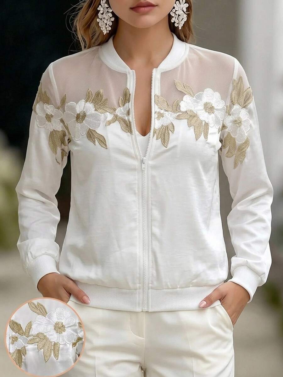Editum 女款花卉刺繡圖案棒球領拉鍊休閒日常約會長袖優雅外套,秋季緹花車外套,適合下午茶咖啡廳,白色 - 白色 - 查看 1