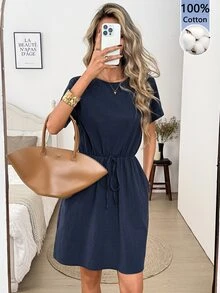 SHEIN LUNE 休閒女款夏季棉質洋裝 - 藏蓝色 - 查看 6