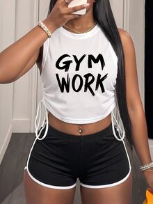 BamGleam Women's Letter Print Side Drawstring Sports Tank Top - White - View 1