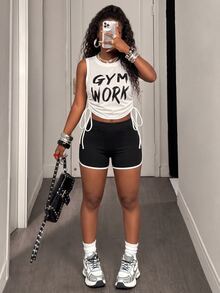 BamGleam Women's Letter Print Side Drawstring Sports Tank Top - White - View 5