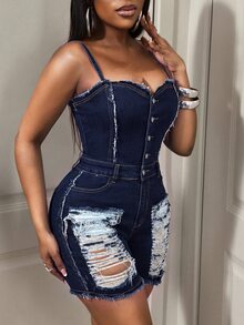 BamGleam Women's Distressed Fitted Spaghetti Strap Denim Romper - Dark Wash - View 3