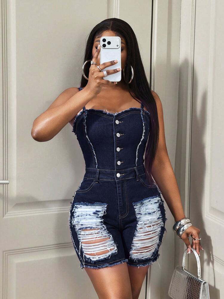 BamGleam Women's Distressed Fitted Spaghetti Strap Denim Romper - Dark Wash - View 1
