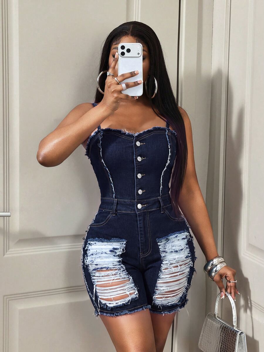 BamGleam Women's Distressed Fitted Spaghetti Strap Denim Romper - Dark Wash - View 1
