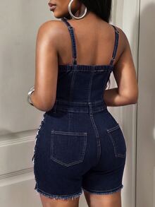 BamGleam Women's Distressed Fitted Spaghetti Strap Denim Romper - Dark Wash - View 2