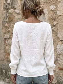 Selamara Women's Floral Embroidered Round Neck Long Sleeve Loose Top - White - View 2