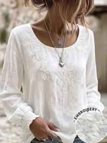 Selamara Women's Floral Embroidered Round Neck Long Sleeve Loose Top - White - View 1