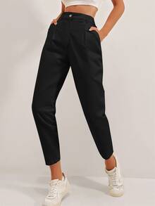 Cloudara High Waist Fold Pleated Trousers - Black - View 4