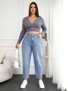 EURMUSE Jeans de mezclilla de estilo de mamá, desteñidos, talla grande - Gris Claro - Ver 4