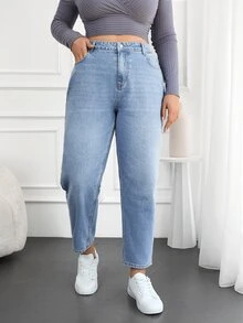 EURMUSE Jeans de mezclilla de estilo de mamá, desteñidos, talla grande - Gris Claro - Ver 5