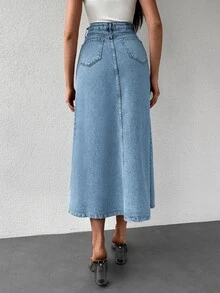EURMUSE Slant Pocket Denim Skirt - Light Wash - View 3
