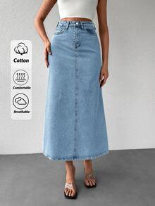 EURMUSE Slant Pocket Denim Skirt - Light Wash - View 2