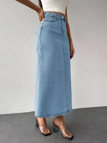 EURMUSE Slant Pocket Denim Skirt - Light Wash - View 5