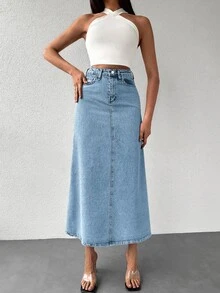 EURMUSE Slant Pocket Denim Skirt - Light Wash - View 6