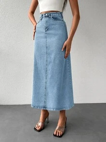 EURMUSE Slant Pocket Denim Skirt - Light Wash - View 4