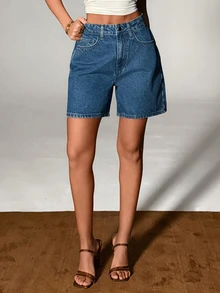 SHEIN شورت نسائي من الدنيم الأزرق الداكن المغسول بخصر عالي وأزرار أمامية، قطن 100%، بأسلوب كاجوال، للاستخدام اليومي في الصيف - أزرق متوسط - مشاهدة 4