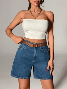 SHEIN شورت نسائي من الدنيم الأزرق الداكن المغسول بخصر عالي وأزرار أمامية، قطن 100%، بأسلوب كاجوال، للاستخدام اليومي في الصيف - أزرق متوسط - مشاهدة 5