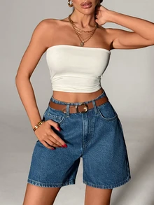 SHEIN شورت نسائي من الدنيم الأزرق الداكن المغسول بخصر عالي وأزرار أمامية، قطن 100%، بأسلوب كاجوال، للاستخدام اليومي في الصيف - أزرق متوسط - مشاهدة 7
