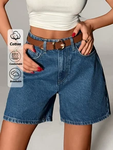 SHEIN شورت نسائي من الدنيم الأزرق الداكن المغسول بخصر عالي وأزرار أمامية، قطن 100%، بأسلوب كاجوال، للاستخدام اليومي في الصيف - أزرق متوسط - مشاهدة 2