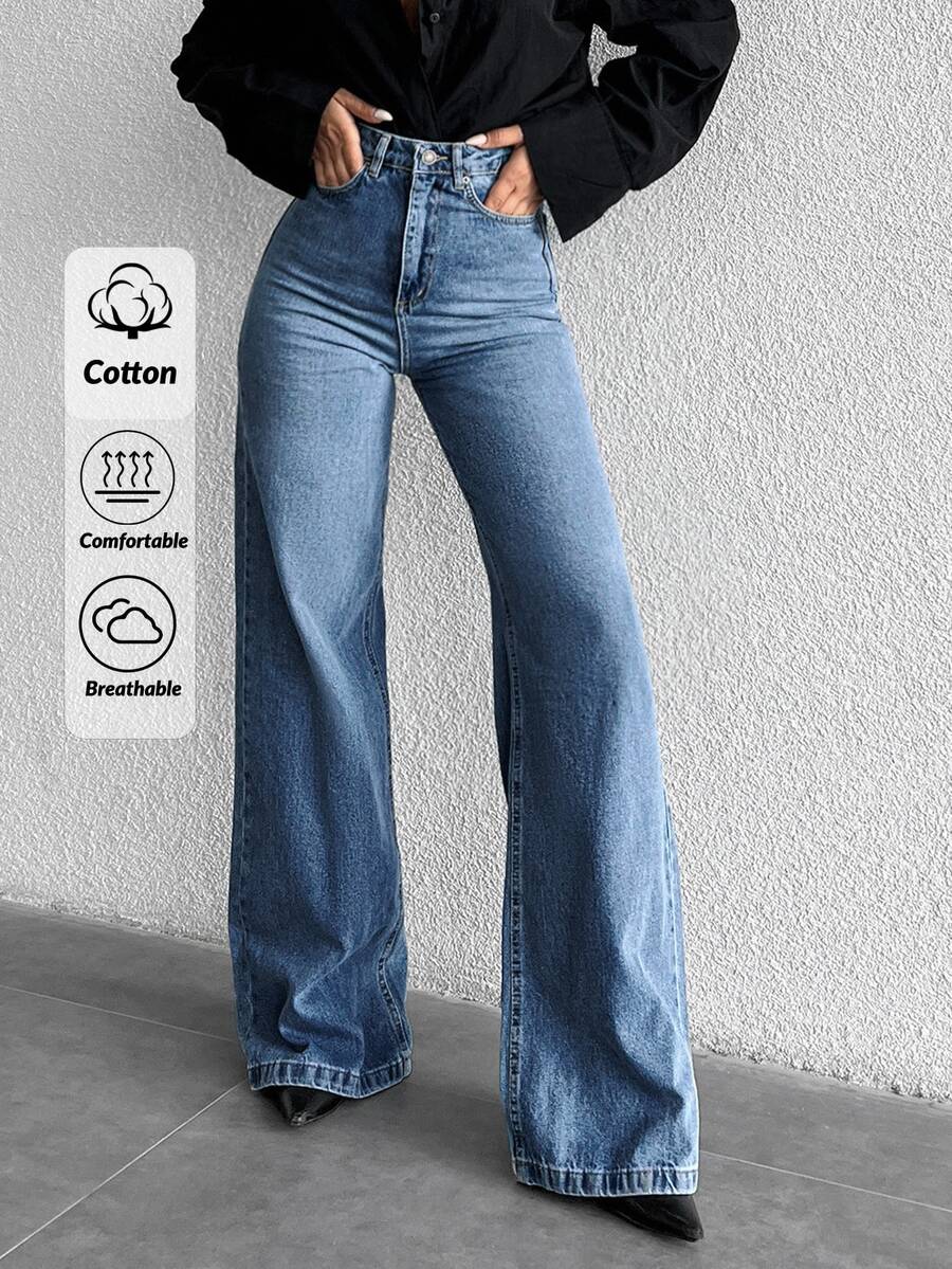 SHEIN بنطلون جينز مقاس كبير بخصر عالي، أسلوب كاجوال بسيط، غسيل أزرق متوسط، قصة عادية، أزرار أمامية، ساق واسعة، مناسب للمواعيد والعطلات والصيف
