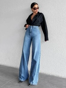 SHEIN بنطلون جينز مقاس كبير بخصر عالي، أسلوب كاجوال بسيط، غسيل أزرق متوسط، قصة عادية، أزرار أمامية، ساق واسعة، مناسب للمواعيد والعطلات والصيف - أزرق متوسط - مشاهدة 6