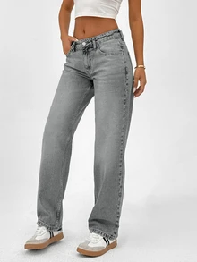 EURMUSE 100 Cotton LOW RISE  STRAIGHT FIT VINTAGE Casual WASH Y2K STYLE JEAN 2000s Style Everyday School Light Grey Summer - Light Grey - View 3