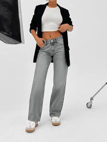 EURMUSE 100 Cotton LOW RISE  STRAIGHT FIT VINTAGE Casual WASH Y2K STYLE JEAN 2000s Style Everyday School Light Grey Summer - Light Grey - View 5