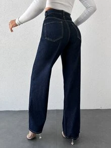 EURMUSE Slant Pocket Wide Leg Jeans ,Petite Women - Royal Blue - View 2
