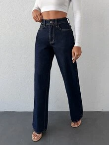 EURMUSE Slant Pocket Wide Leg Jeans ,Petite Women - Royal Blue - View 5